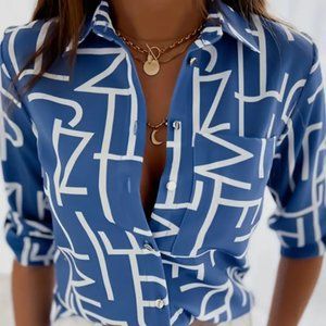Women's Blue/White Patterned V-Neck Blouse with Long Sleeves